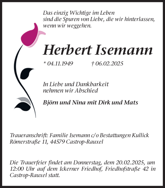 Traueranzeige von Herbert Isemann von Stadtanzeiger Castrop-Rauxel