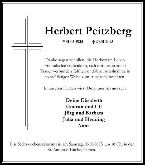 Traueranzeige von Herbert Peitzberg von Trauer Vest