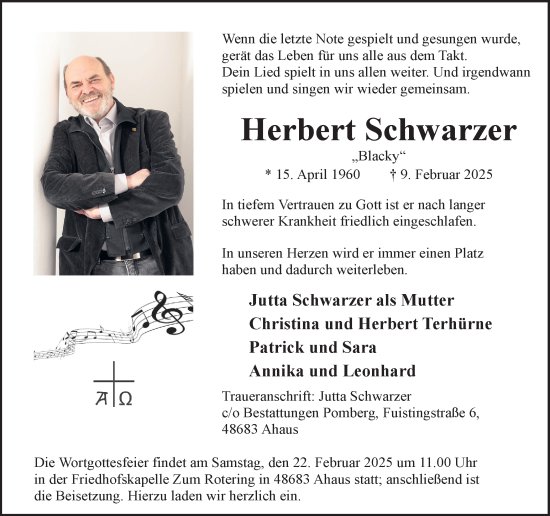 Traueranzeige von Herbert Schwarzer von Münsterland Zeitung