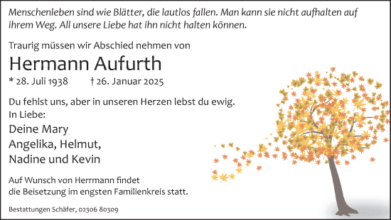 Traueranzeige von Hermann Aufurth von Hellweger Anzeiger