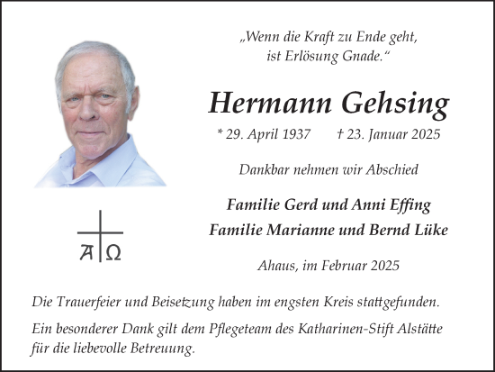 Traueranzeige von Hermann Gehsing von Münsterland Zeitung