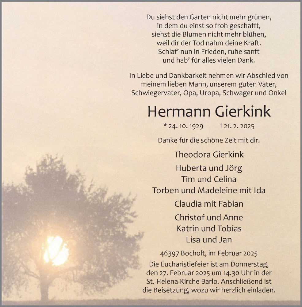  Traueranzeige für Hermann Gierkink vom 25.02.2025 aus 