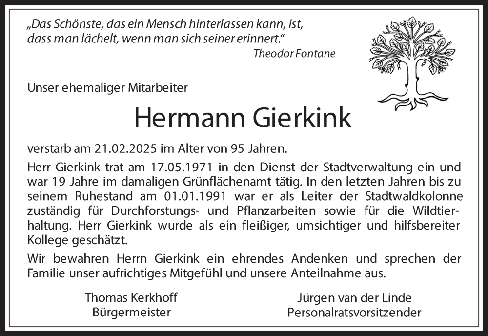  Traueranzeige für Hermann Gierkink vom 28.02.2025 aus 