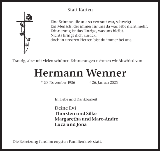 Traueranzeige von Hermann Wenner von Ruhr Nachrichten
