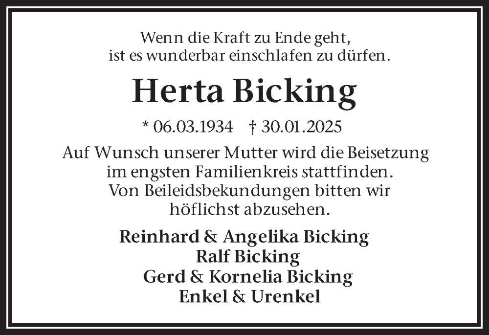  Traueranzeige für Herta Bicking vom 08.02.2025 aus Ruhr Nachrichten