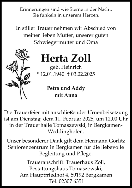 Traueranzeige von Herta Zoll von Hellweger Anzeiger