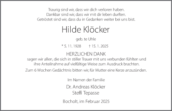 Traueranzeige von Hilde Klöcker 