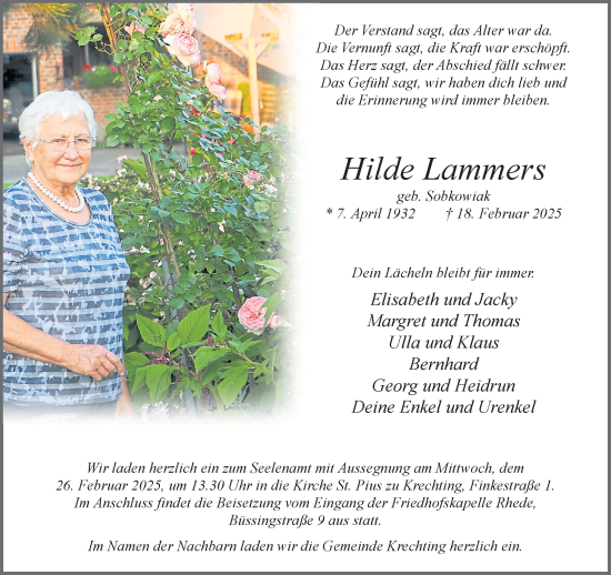 Traueranzeige von Hilde Lammers 