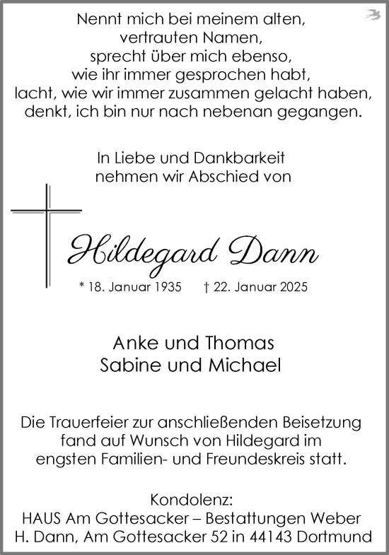 Traueranzeige von Hildegard Dann von Ruhr Nachrichten