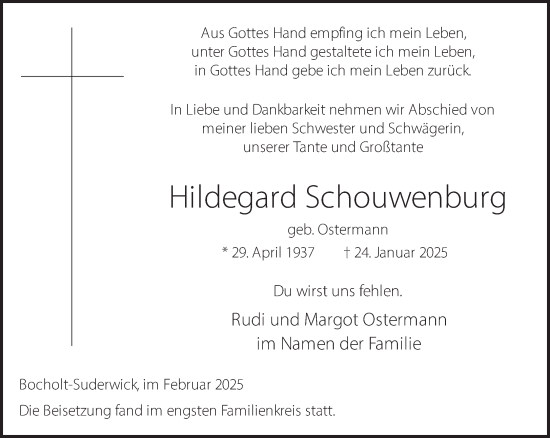 Traueranzeige von Hildegard Schouwenburg 