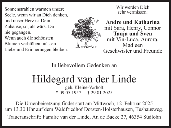 Traueranzeige von Hildegard van der Linde von Ruhr Nachrichten und Dorstener Zeitung