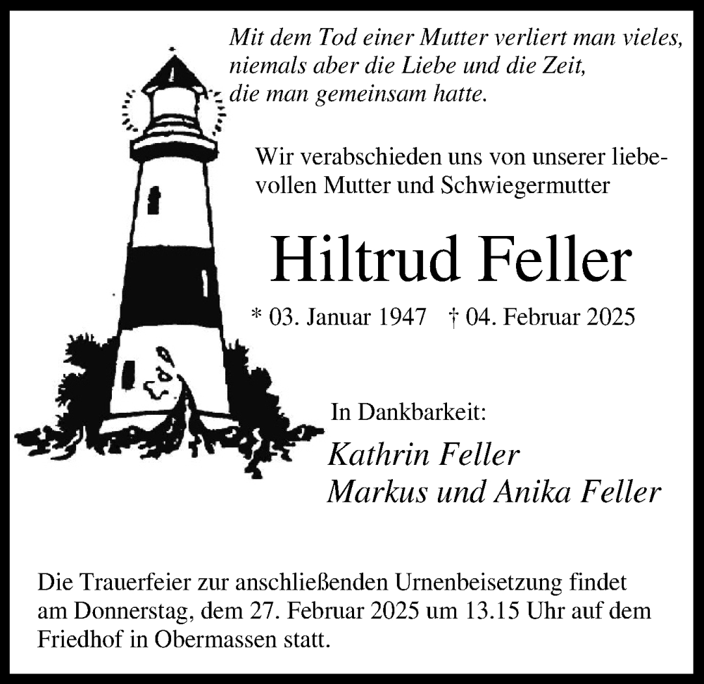  Traueranzeige für Hiltrud Feller vom 26.02.2025 aus Hellweger Anzeiger