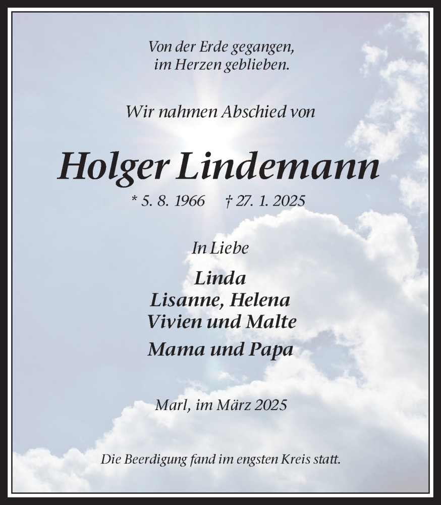  Traueranzeige für Holger Lindemann vom 01.03.2025 aus Trauer Vest