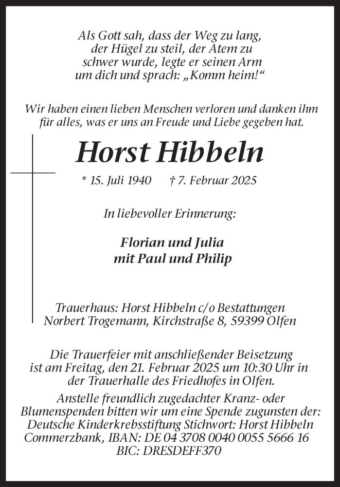  Traueranzeige für Horst Hibbeln vom 15.02.2025 aus Ruhr Nachrichten