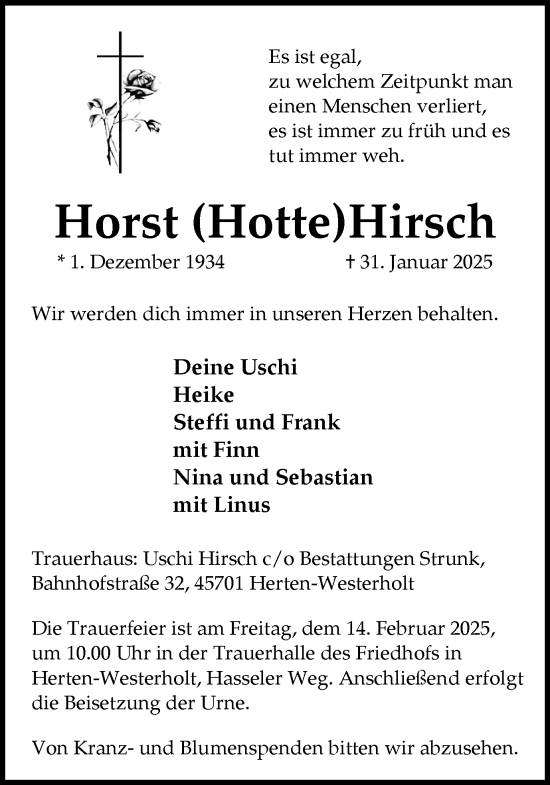 Traueranzeige von Horst Hirsch von Trauer Vest
