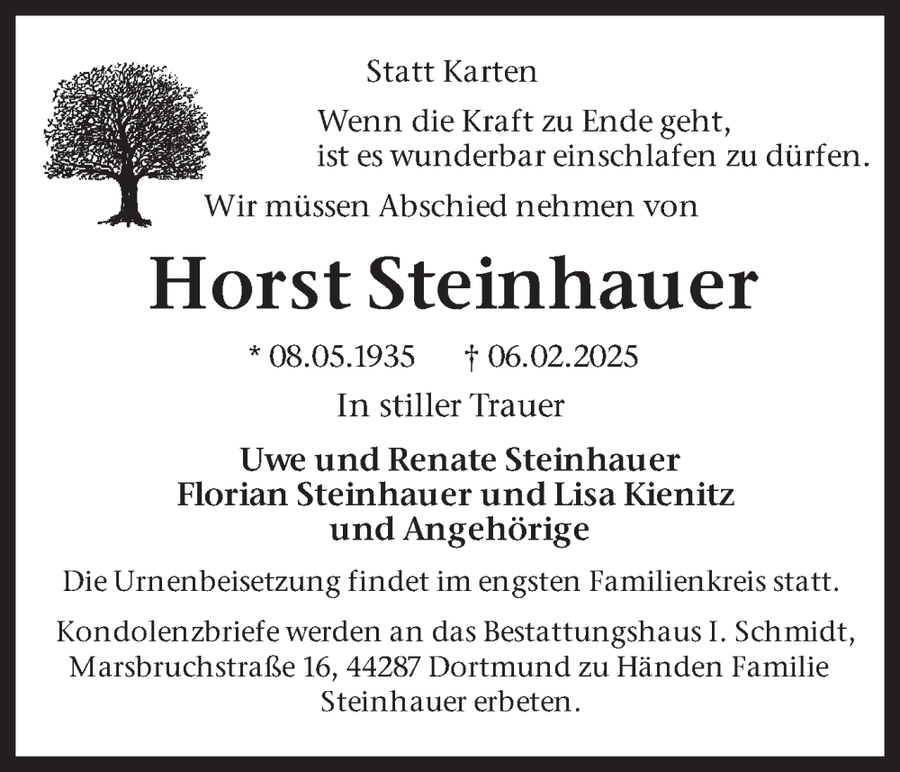  Traueranzeige für Horst Steinhauer vom 15.02.2025 aus Ruhr Nachrichten