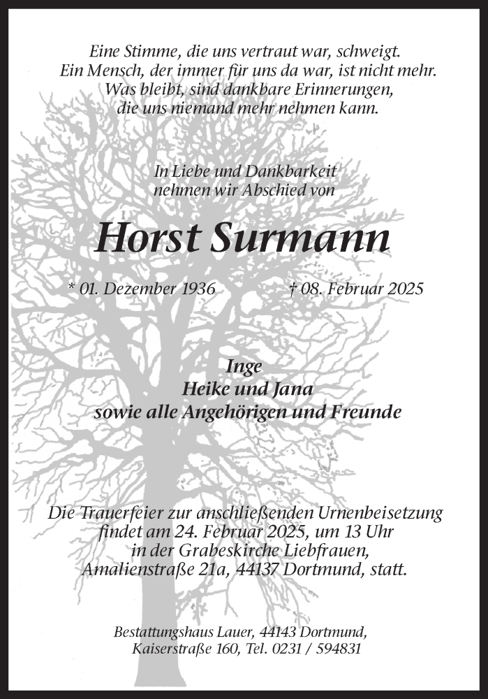  Traueranzeige für Horst Surmann vom 15.02.2025 aus Ruhr Nachrichten