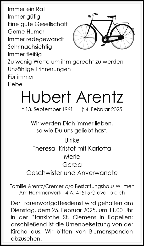 Traueranzeige von Hubert Arentz von Ruhr Nachrichten und Dorstener Zeitung
