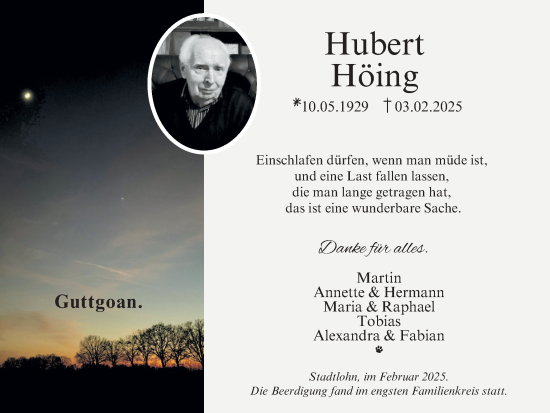 Traueranzeige von Hubert Höing von Münsterland Zeitung