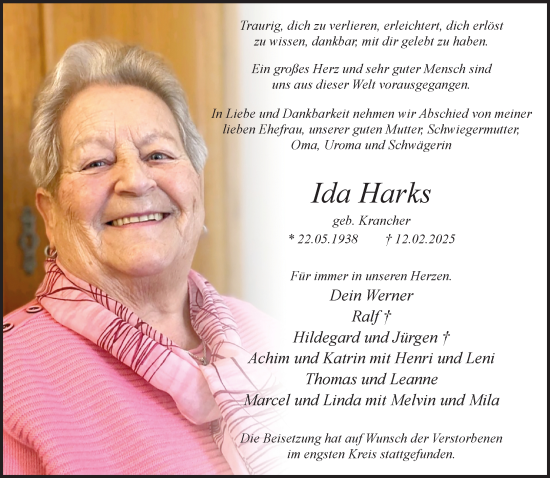 Traueranzeige von Ida Harks 