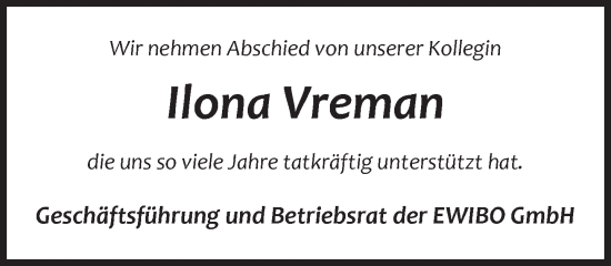 Traueranzeige von Ilona Vreman 