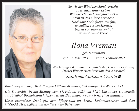 Traueranzeige von Ilona Vreman 