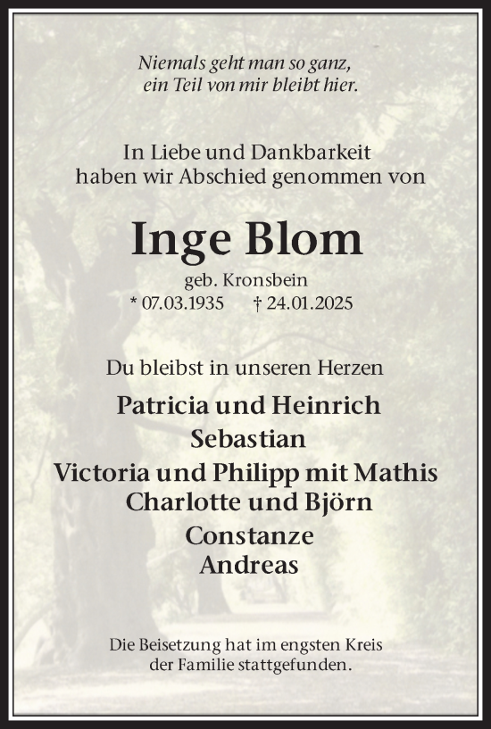 Traueranzeige von Inge Blom von Stadtanzeiger Castrop-Rauxel