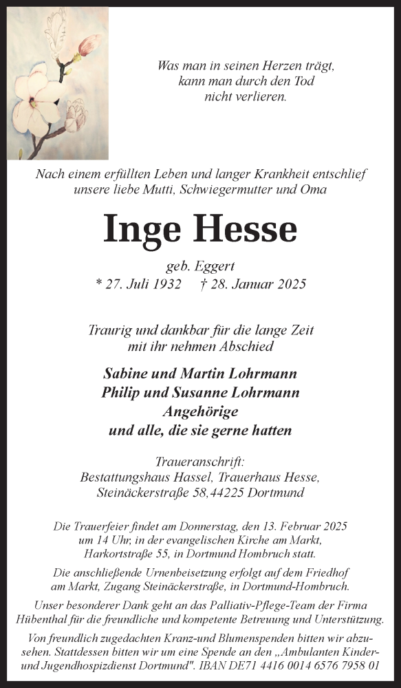  Traueranzeige für Inge Hesse vom 08.02.2025 aus Ruhr Nachrichten