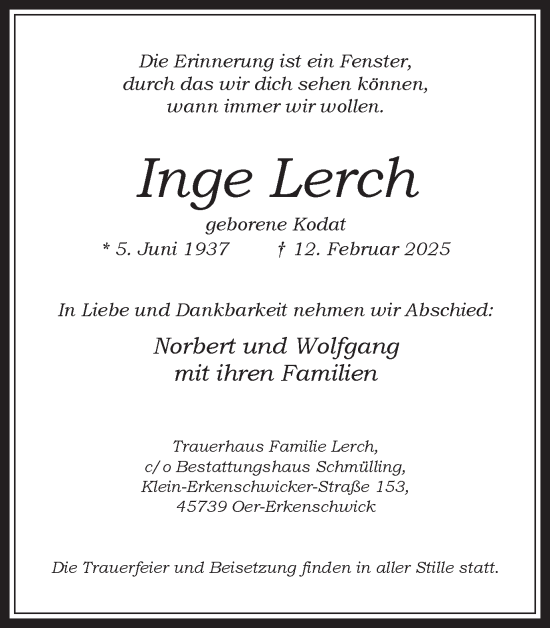 Traueranzeige von Inge Lerch von Trauer Vest