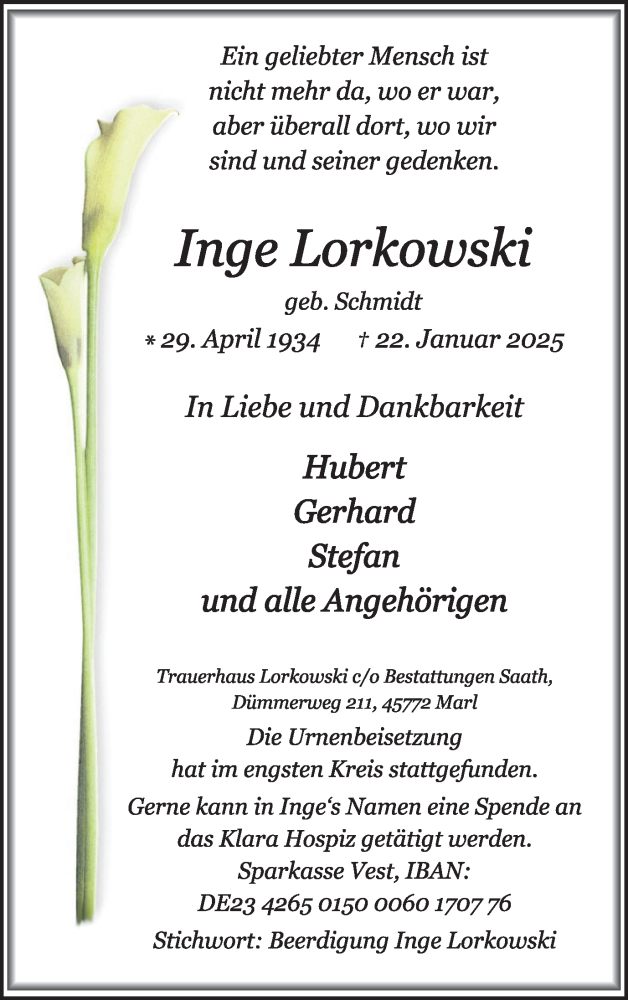  Traueranzeige für Inge Lorkowski vom 12.02.2025 aus Trauer Vest