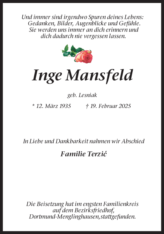 Traueranzeige von Inge Mansfeld von Ruhr Nachrichten