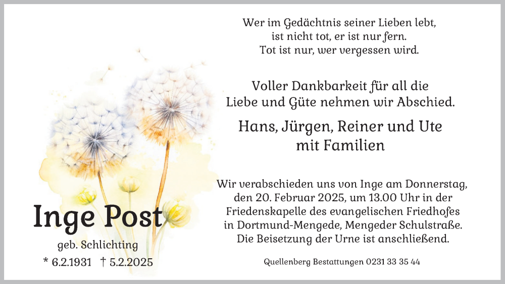  Traueranzeige für Inge Post vom 15.02.2025 aus Ruhr Nachrichten