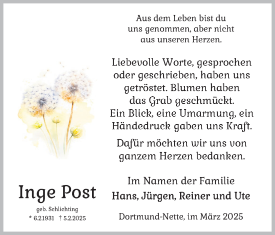 Traueranzeige von Inge Post von Ruhr Nachrichten