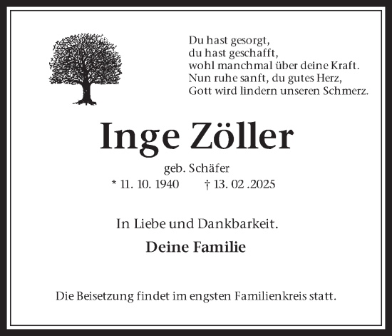 Traueranzeige von Inge Zöller von Trauer Vest