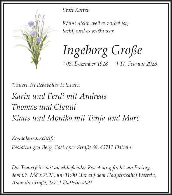 Traueranzeige von Ingeborg Große von Trauer Vest