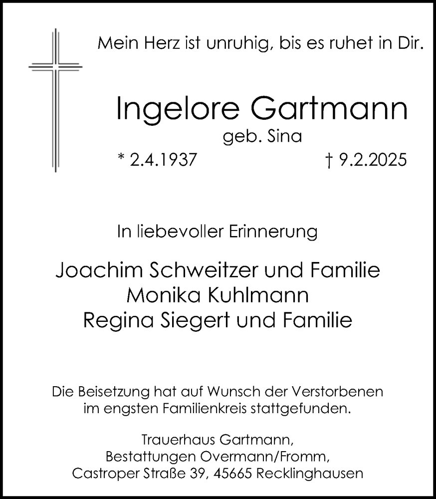  Traueranzeige für Ingelore Gartmann vom 22.02.2025 aus Trauer Vest