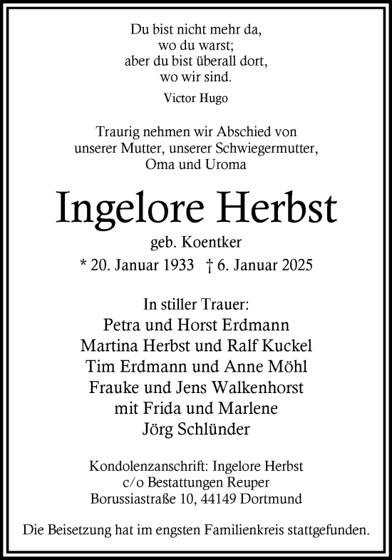 Traueranzeige von Ingelore Herbst von Ruhr Nachrichten