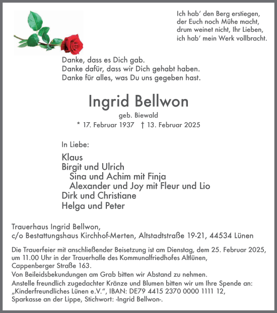 Traueranzeige von Ingrid Bellwon von Ruhr Nachrichten
