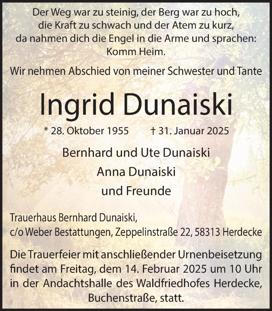  Traueranzeige für Ingrid Dunaiski vom 08.02.2025 aus Ruhr Nachrichten