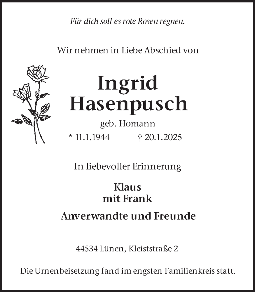  Traueranzeige für Ingrid Hasenpusch vom 08.02.2025 aus Lüner Anzeiger
