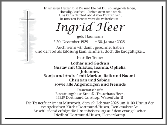 Traueranzeige von Ingrid Heer von Ruhr Nachrichten