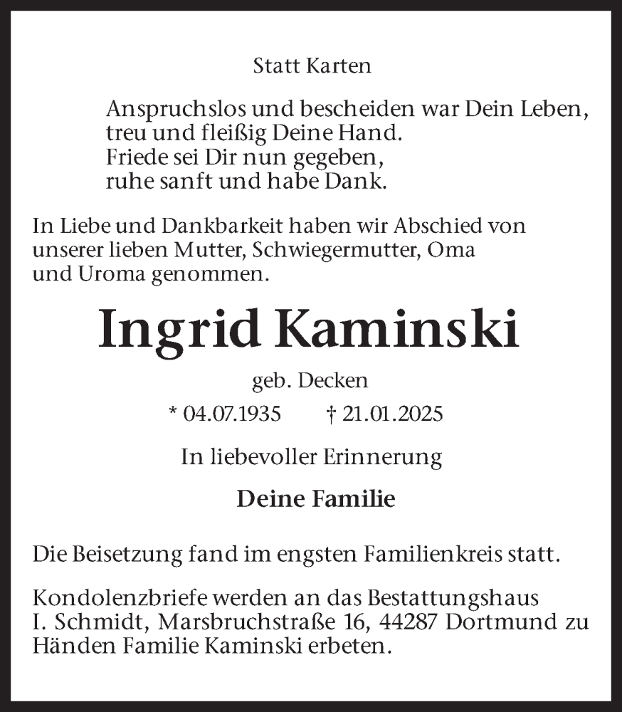  Traueranzeige für Ingrid Kaminski vom 08.02.2025 aus Ruhr Nachrichten