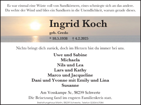 Traueranzeige von Ingrid Koch von Ruhr Nachrichten
