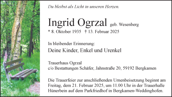 Traueranzeige von Ingrid Ogrzal von Hellweger Anzeiger