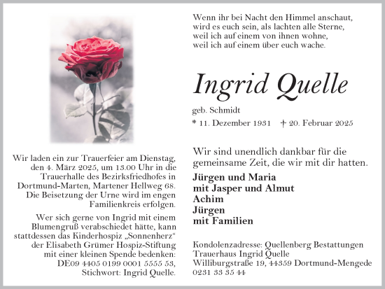 Traueranzeige von Ingrid Quelle von Ruhr Nachrichten