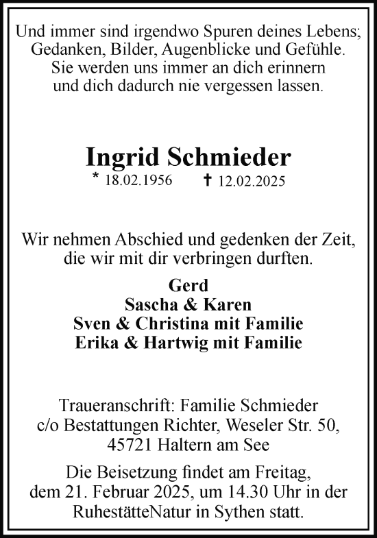 Traueranzeige von Ingrid Schmieder von Ruhr Nachrichten und Halterner Zeitung