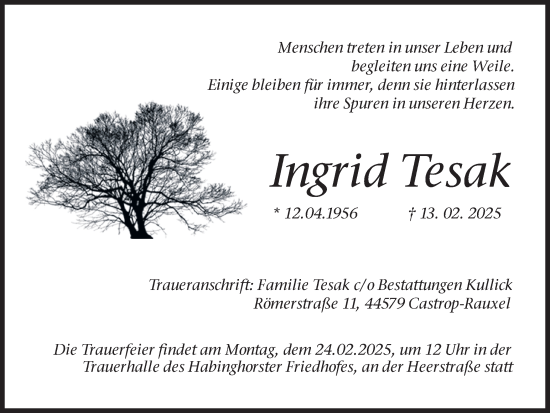 Traueranzeige von Ingrid Tesak von Stadtanzeiger Castrop-Rauxel