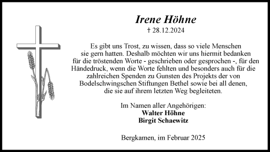 Traueranzeige von Irene Höhne von Hellweger Anzeiger