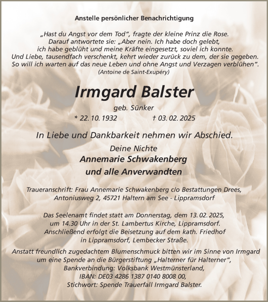 Traueranzeige von Irmgard Balster von Ruhr Nachrichten und Halterner Zeitung