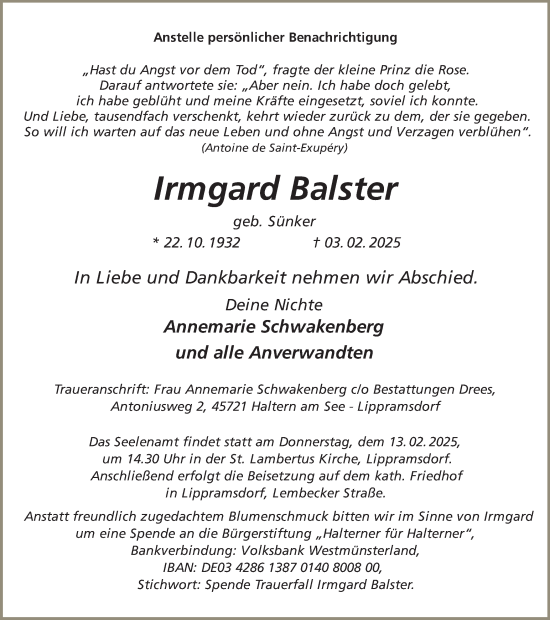 Traueranzeige von Irmgard Balster von Ruhr Nachrichten und Halterner Zeitung